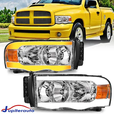 Chrome For 2002-2005 Dodge Ram LED Bar DRL Headlight W/Sequential Turn Signal • $184.96