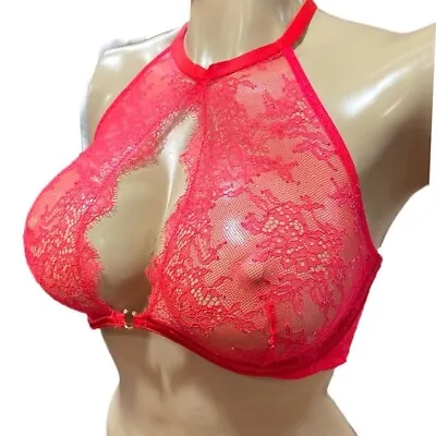 Victorias Secret Very Sexy High Neck Key Hole Sexy Sheer Lace Bra Red 34B New • £24.96