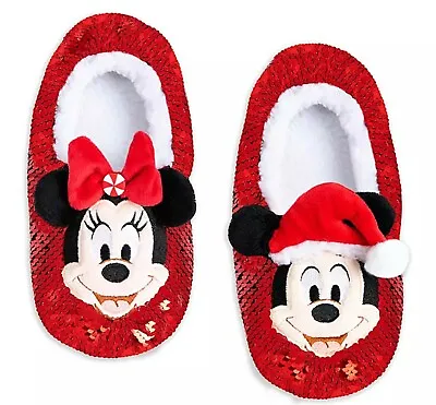 Disney Mickey & Minnie Mouse Sequin Red Green Reversible Slippers Women L 9/10 • $29.96
