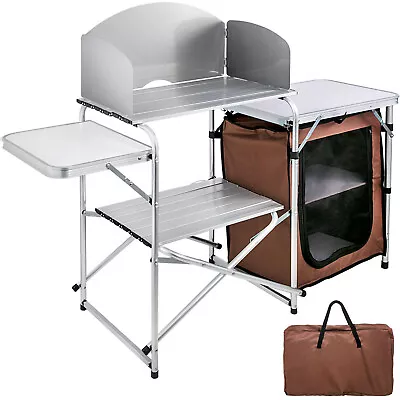 Camping Kitchen Table Picnic Cabinet Folding Cooking Storage Rack Portable Brown • $69.34