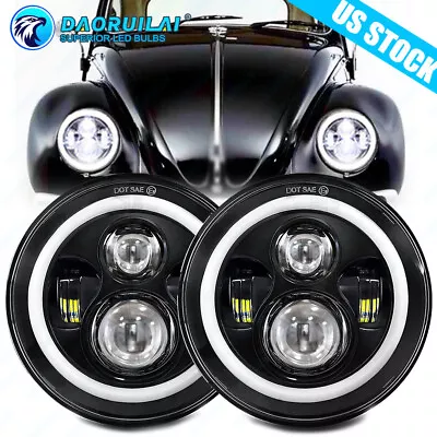 For 1950-1979 VW Beetle Pair 7  Inch Round LED Headlights Hi/Low Beam Halo DRL • $36.88