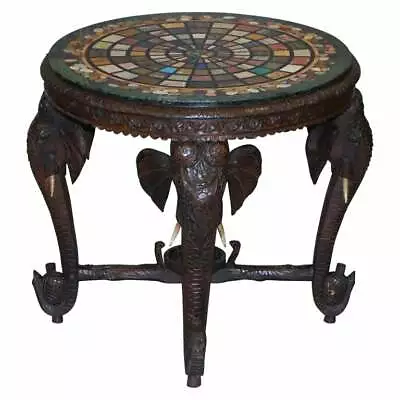 Burmese Hand Carved Elephant Occasional Table Pietra Dura Specimen Marble Top • $4355.93