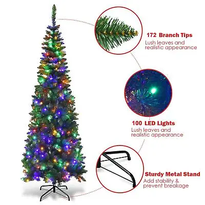 £29.99 • Buy Christmas Tree Pre Lit Slim Pencil Green Artificial Bushy Pine XMAS Decor 4FT UK