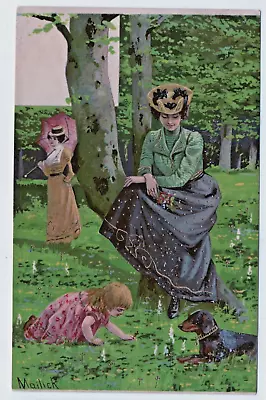 Mailick Art Signed Vintage Postcard Woman Child Dachshund Dog Gold Highlights • $19.99