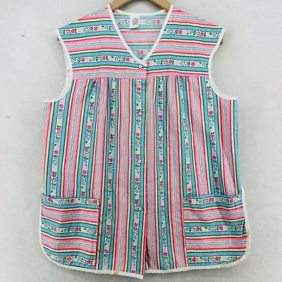 Vtg Smock Womens L Sleeveless Pearl Snap Striped Floral Cotton Blend Pink Blue • $11.50