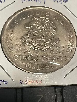 MEXICO 1951 5 PESO KM467 AU W/LIGHT TONING 0.720 SILVER FREE USA SHIPPING • $11.87