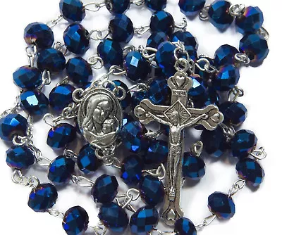 Deep Blue Crystal Beads Rosary Catholic Necklace Holy Soil Medal Cross Crucifix • $12.90