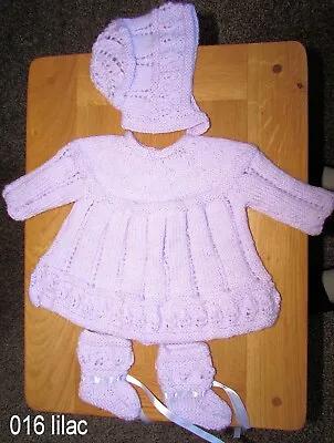 BABY LILAC HAND  KINTTED  DRESS SET 0 To 3 Months  DRESS HAT BOOTIES NEW Reborn • £14.99