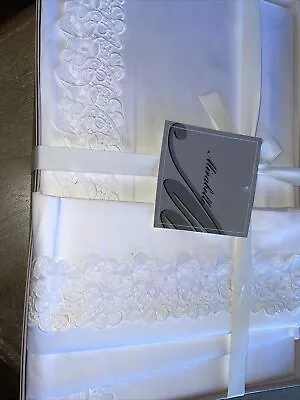 NWT Mirabello Queen Size White Fine 100% Cotton Sateen Sheet Set Italy Lace $450 • $290