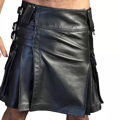 Men's Black Kilt With Black Goat Leather Straps Utility Kilt For Modern Warriors • $90