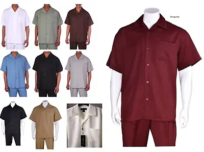 ** Men's 2pc Walking Suit Short Sleeve Casual Shirt & Pants Set  Solid  2954  • $47.95