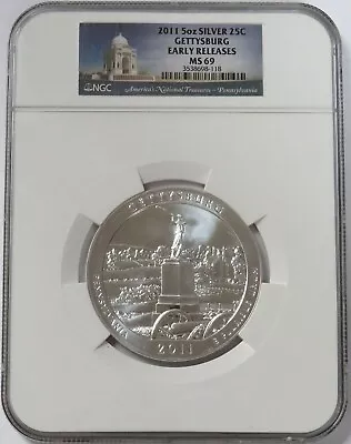 2011 Silver 5 Oz Gettysburg Pa Atb Coin Ngc Ms 69 Early Releases • $295