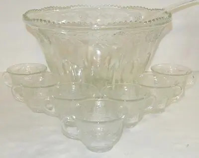 Vintage Indiana Clear Glass Princess Harvest Grape PUNCH BOWL & CUPS Leaf Leaves • $24.99