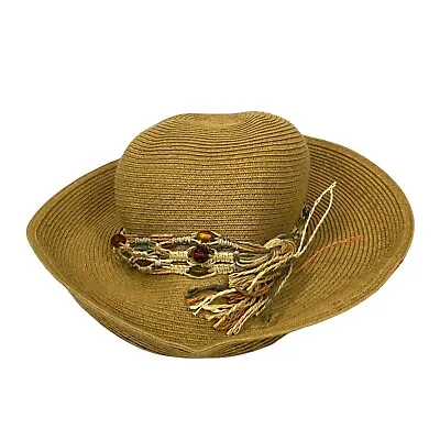 Cappelli Straw Paper Hat Womens One Size Braided Rainbow Beaded Band Full Brim • $6.95