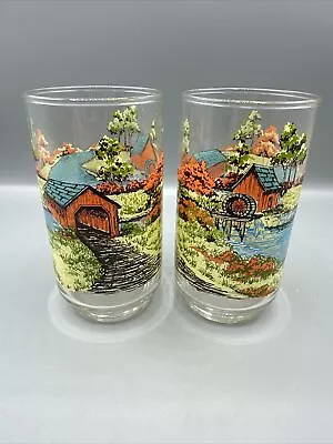 Vintage Libbey Glass Tumbler Water Covered Bridge Grain Mill River 5  Set/2 • $14.99