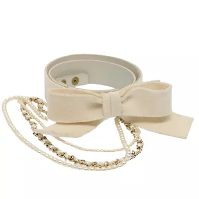 CHANEL Pearl Belt Wool 80/32 37.4   White CC Auth Bs9177 • £273.07