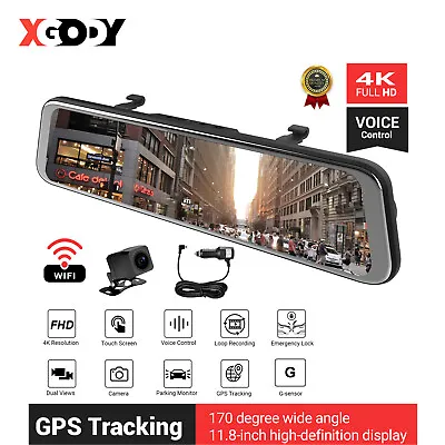 4K 12  Dual Lens Dash Cam Car Rear View Mirror GPS Camera WIFI Video Recorder • $99.99