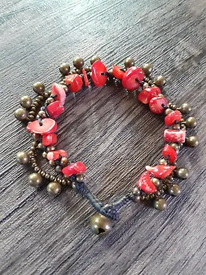 Vintage Red Coral & Brass Bracelet • $14