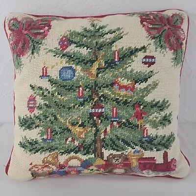 XMAS Tree Needlepoint Pillow 13  Square Red Train Bow Velvet Sferra Spode Vtg • $28.95