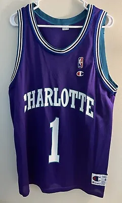 Vintage 90s Champion Charlotte Hornets #1 Muggsy Bogues NBA Jersey Purple Sz 44 • $103.75