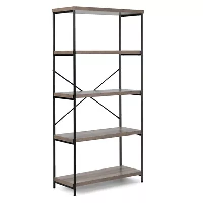 5-Tier Ladder Industrial Bookshelf Wood Display Storage Rack W/ Metal Frame Gray • $88.97