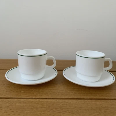 £8.99 • Buy Coffee Tea Cups Set Of 2 White Green Line France French Arcopal White Milk Glass