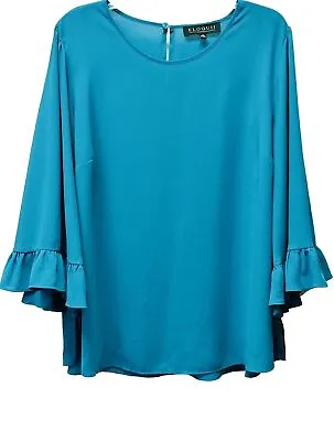 New Eloquii Blouse Womens 18 Teal Green Ruffled 3/4 Sleeve Semi Sheer Blouse Top • $23.76