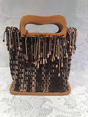 Vintage 1970s Retro Handmade Crochet Purse Handbag Wooden Handle & Bottom • $30