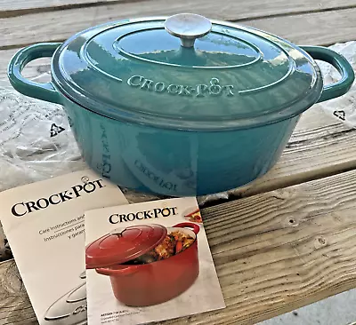 Crock-Pot Dutch Oven 7-Qt. Oval Enameled Cast Iron Nonstick W/ Lid Teal Ombre • $85