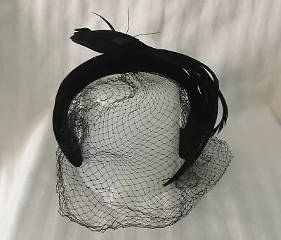 Vintage Ladies Black Velvet Headband Hat Feathers Fascinator Veil • $16.99