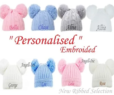 Personalised Baby Pom Pom Hat Knitted Winter White Pink Blue Grey Gift Newborn-6 • £6.38