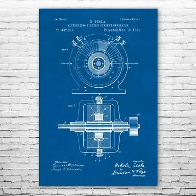Tesla Alternating Electric Current Generator Patent Poster Print 12 SIZES  • $12.95