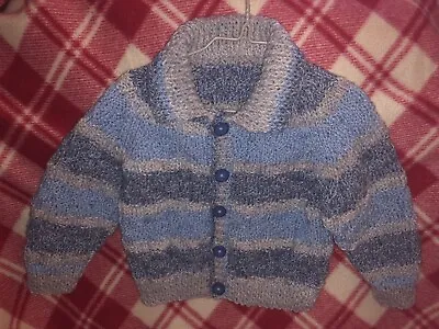 Brand New Hand Knitted Boys Blue Mix Stripe Jacket 24” Chest ApproxAge 3-4 Years • £12