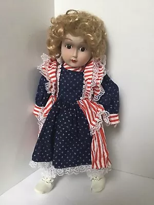 Heritage Porcelain Musical Blonde Patriotic Americana Doll 15  Vintage  • $15.97