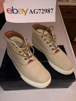 Polo Ralph Lauren Zale Khaki Canvas Leather Shoes Men’s Casual Sneaker Size 10.5 • $45