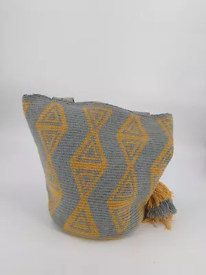 100% Wayuu Mochila Colombina Bag Large Size Handbag Bucket Blue & Yellow • $59.99