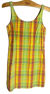 J. Crew Dress 2 XS Madras Tank 100% Cotton Sleeveless Side Buttons Yellow Green • $34.95