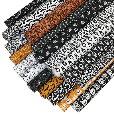 PolyCotton Fabric Black White Orange Skulls Bats Spiders Scary Halloween Gothic. • £2.99