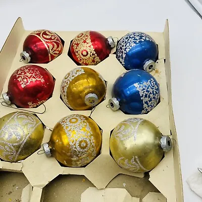 Vintage Shiny Bright Glitter Print Christmas Ornaments Set 9 • $32.80