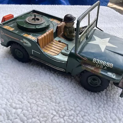 Vintage Tin Toy Battery Operated WWII Army 35mm Anti-Aircraft Jeep Japan Read • $29.99