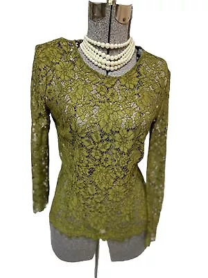 J. Crew Top Size 4 Lace Overlay Long Sleeve Green Blouse Key Hole In Back • $9.99