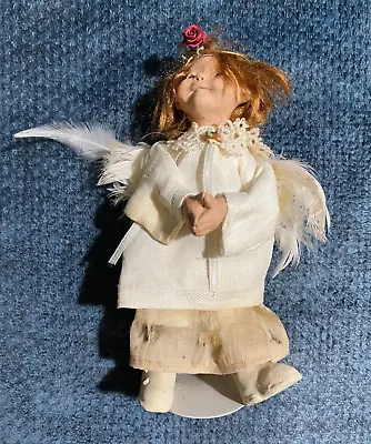 Elizabeth Cooper Angel Doll With Stand Real Feather Wings Signed Foot Clay Poly • $84.95