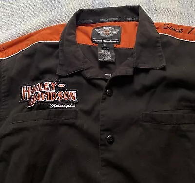 Harley Davidson Mens Button Mechanic Shirt Orange Black Embroidered Patches XL • $24.99