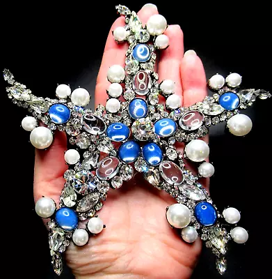 MOANS COUTURE Massive 6  Blue & Ice Rhinestone Faux Pearl Star Pin Brooch • $599.99