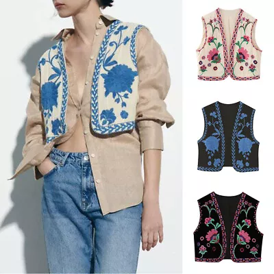 Women Floral Embroidery Vest Waistcoat Jacket Sleeveless Coat Cardigan Cowgirl _ • £15.66