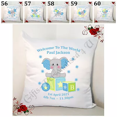Personalised 18  Cushion - New Born Baby Gift - Elephant - Designs 56-60 • £17.99