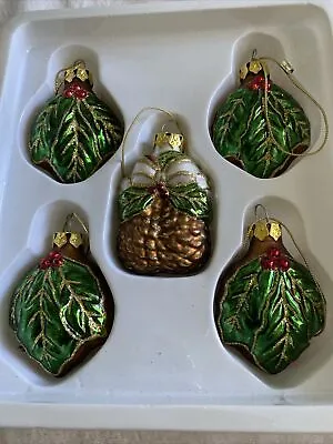 FIGI 2003 Lot Of 5 Holiday Pine & Holly Mini Glass Christmas Tree Ornaments • $10.99