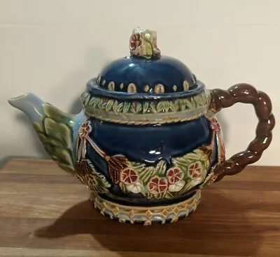 WanJiang Nouveau Majolica Cobalt Rose Sage Teapot 3D Design Henriksen 1996 • $37.22