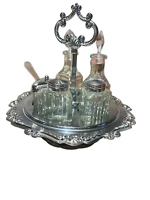 Vintage Small Glass Condiment Cruet Caddy; 5 Glass Containers Lidded Spoon • $39.99