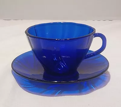 VTG Cobalt Blue Cup & Saucer Set Rivage Swirl Glass Vereco France Tea Set Decor • $9.90